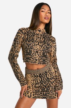 Minifalda De Punto Cardada Con Estampado De Leopardo, Brown