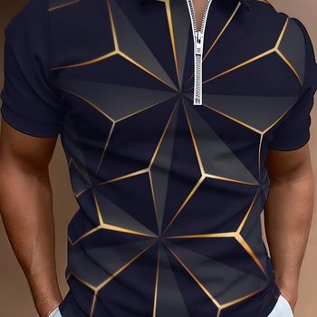 Camisa De Manga Corta Con Cierre De Cremallera Y Solapa Con Estampado Geométrico En 3D, Moda Masculina Para El Verano, Calle Y Ocio Al Aire Libre