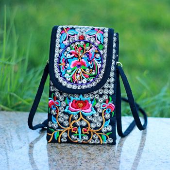 Bolso de teléfono bordado retro boho, bolso de hombro étnico mini para mujeres