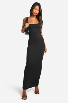 Vestido Maxi Súper Suave Con Escote Cuadrado, Negro