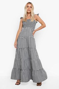 Vestido Petite Maxi De Cuadros Vichy Con Pompones En Los Hombros, Negro