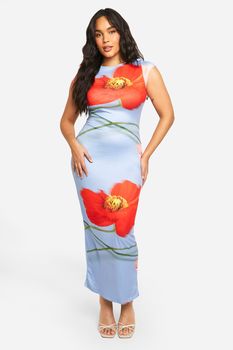 Vestido Plus Maxi De Manga Corta Súper Suave Con Estampado De Flores, Azul