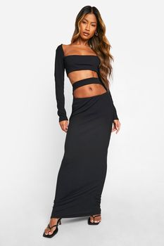 Falda Maxi De Canalé Con Abertura En La Cintura, Negro