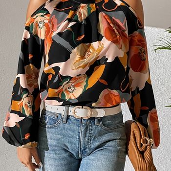 Blusa de hombro frío estampado floral, elegante blusa de manga de linterna para primavera y otoño, ropa de mujer