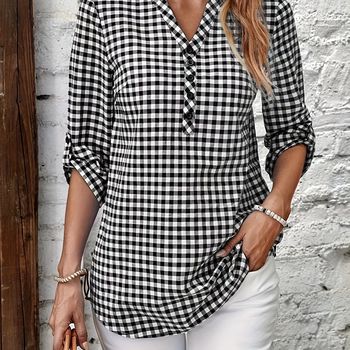 Camisa De Cuadros Con Botones, Camisa Casual De Cuello En V Para Primavera, Ropa De Mujer