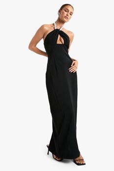 Vestido Maxi Con Ribete De Incrustaciones Y Escote Halter, Negro