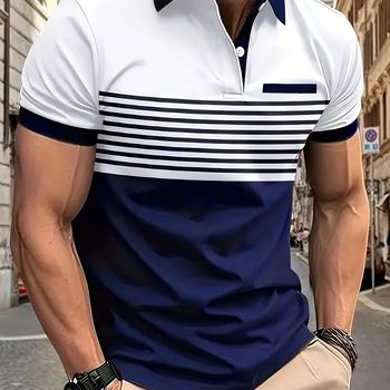 Camiseta de golf de rayas para hombre, con combinación de colores, informal, de manga corta y con solapa, para primavera y verano al aire libre