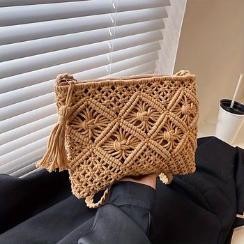 Bolso De Hombro De Diseño Hueco De Paja Para El Verano De Las Mujeres, Bolso De Playa De Moda Tejido Minimalista Con Decoración De Borlas