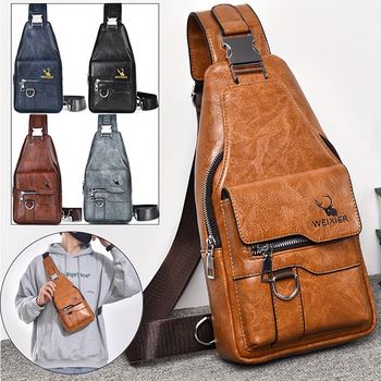 1pc Bolso de pecho retro casual de cuero PU para hombres, mensajero de gran capacidad con múltiples compartimentos a prueba de agua