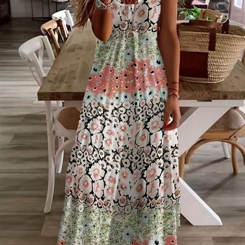 Vestido largo con estampado floral, cuello en V, estilo vacacional, manga corta para primavera y verano, ropa de mujer.