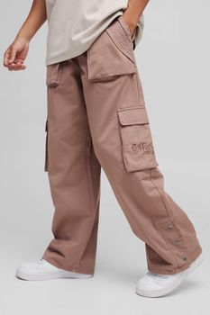 Pantalón Cargo Holgado De Sarga Cardada Con Cintura Elástica Y Bordado, Beige