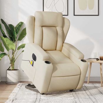 vidaXL Sillón de masaje eléctrico reclinable elevable tela crema