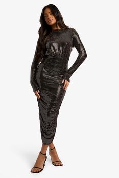 Vestido Midi De Lentejuelas Fruncido Con Cuello Alto, Metallics