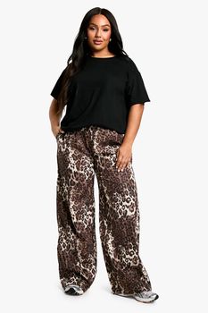 Pantalón Plus De Pernera Ancha Con Estampado De Leopardo, Multi