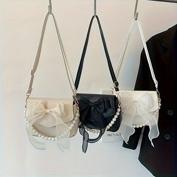 Bolsa cruzada con lazo elegante para mujer, bolso de hombro de moda con correa de perlas de imitación, bolso versátil para debajo del brazo