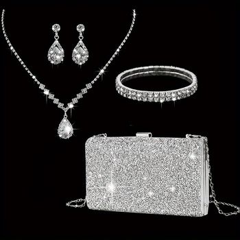 Conjunto De 4 Bolsos De Noche De Lujo Con Pedrería, Ideal Para Bodas, Fiestas Y Banquetes. Incluye Un Elegante Bolso De Mano Con Brillo, Pendientes, Collar Y Pulsera Para Mujeres.