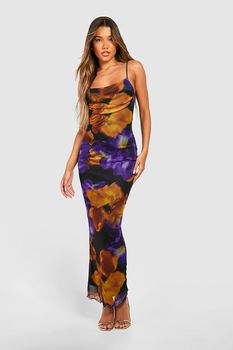 Vestido Lencero Maxi De Malla Con Estampado De Flores, Purple