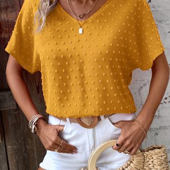 Blusa sólida con cuello en V y lunares suizos, blusa casual de manga murciélago para primavera y verano, ropa de mujer