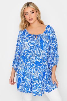 Yours Blusa Blanca De Hojas Azules, Mujer Curvy Y Tallas Grandes, Yours