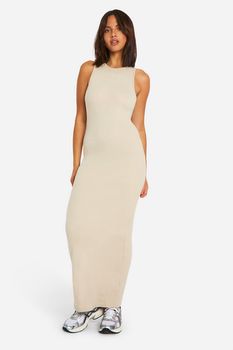 Vestido Maxi Básico De Canalé Con Escote Estilo Nadador, Beige