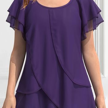 Blusa Asimétrica Sólida Con Volantes, Blusa Casual De Cuello Redondo Y Manga Corta Para Primavera Y Verano, Ropa De Mujer