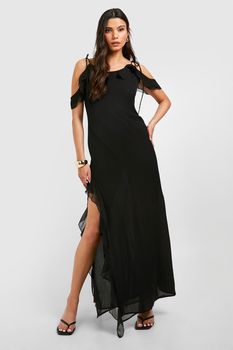 Vestido Maxi De Chifón Con Volante Y Abertura, Negro