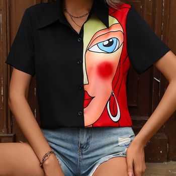 Camisa Estampada De Parches Abstractos, Manga Corta Y Cuello Con Botones, Ropa Casual Para Mujer