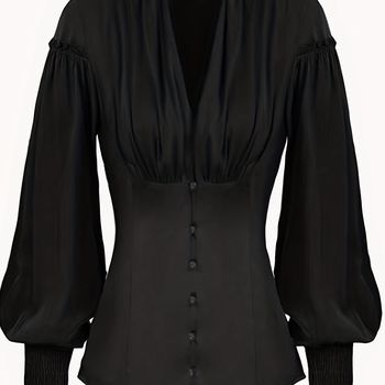 Blusa túnica con cuello en V fruncido, elegante blusa victoriana con mangas de farol fruncidas, ropa de mujer