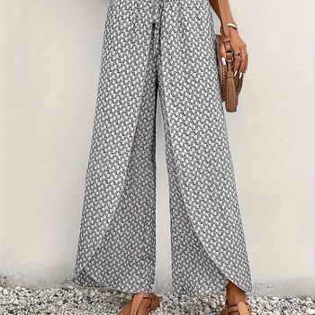 Pantalones anchos cruzados con estampado integral, elegantes pantalones de pierna ancha con lazo para primavera y otoño, ropa de mujer