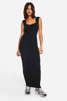 Vestido Maxi Básico De Canalé Con Escote De Corazón, Negro