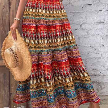 Falda De Cintura Alta Con Estampado Completo, Falda Maxi Boho Con Volantes En El Dobladillo, Ropa De Mujer