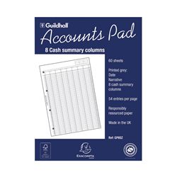 Guildhall Account Pad 8 Cash Column Ruled 54 Feint