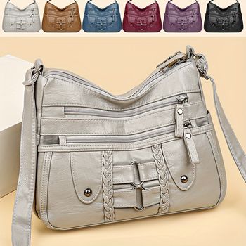 Bolso De Hombro De Cuero PU Suave Con Remaches Retro, Bolso De Mensajero Con Múltiples Cremalleras Para Mujer