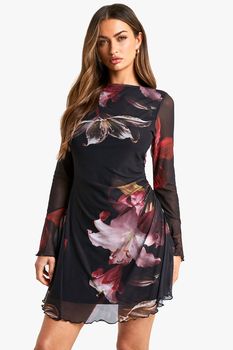 Vestido Mini Evasé De Malla Con Estampado De Flores, Negro