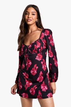 Vestido Mini Estilo Mesonera Con Estampado De Flores, Negro