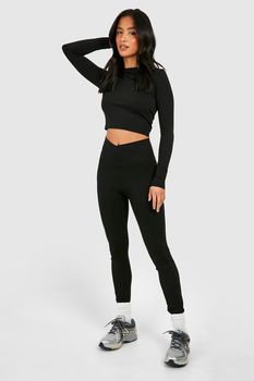 Leggings Petite Súper Suaves Con Pico Aterciopelado Y Cintura Elástica, Negro