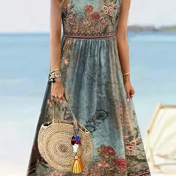 Vestido de línea A sin mangas con estampado floral, cuello redondo, ideal para primavera y verano, ropa de mujer