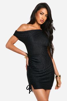 Vestido Mini De Canalé Texturizado Con Escote Barco, Negro