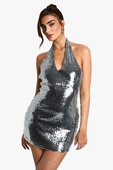 Vestido Mini De Lentejuelas Con Escote Halter, Gris