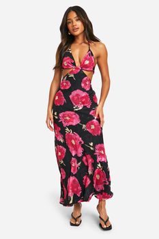 Vestido Maxi De Chifón Y Jacquard Con Abertura Y Estampado De Flores, Negro