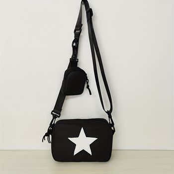 Lindo bolso cruzado con parche de estrella, bolso de hombro de nylon de moda, bolso de mano casual y bolso mensajero para mujeres