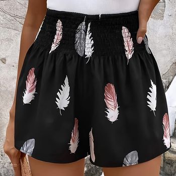 Pantalones cortos sueltos de cintura alta con estampado de plumas, pantalones cortos casuales con cintura fruncida para primavera y verano, ropa de mujer.