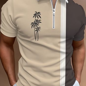 Camisa de manga corta con estampado de palmeras de moda para hombre, con cierre de cremallera y cuello tipo solapa, ideal para el verano y el día a día, diseño elegante de cuello con cremallera.