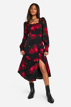 Vestido Midaxi Estilo Mesonera Estilo Corsé Con Estampado De Flores, Negro