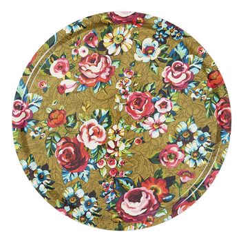 Bandeja de madera estampada floral dorada ø46cm