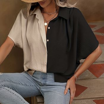 Blusa de botones con cuello polo y bloques de color, blusa casual de manga corta para primavera y verano, ropa de mujer