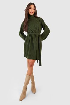 Vestido Skater Texturizado De Canalé Con Cuello Vuelto, Verde