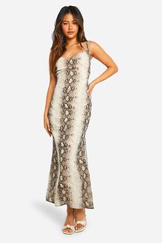 Vestido Maxi De Chifón Plisado Con Estampado De Serpiente, Beige