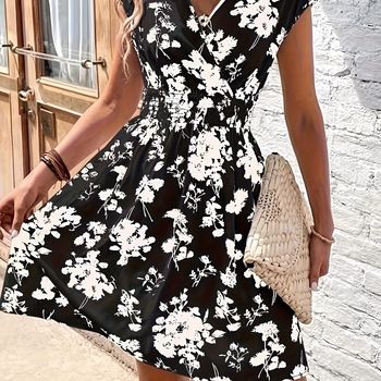 Vestido De Cintura Fruncida Con Estampado Floral, Elegante Vestido De Manga Corta Con Escote En V Para Primavera Y Verano, Ropa De Mujer