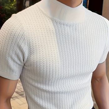 Camiseta de manga corta de punto ondulado de cuello alto para hombre, top de outfit para estar en casa, estilo europeo y americano sencillo, para llevar a diario en verano